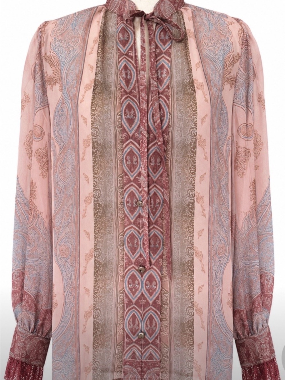 Modest Cottagecore Semi Sheer Paisley Boho Blouse Lace Cuff Tie Neck Tunic Top